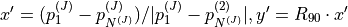 x'=(p_1^{(J)}-p_{N^{(J)}}^{(J)})/|p_1^{(J)}-p_{N^{(J)}}^{(2)}|, y'=R_{90} \cdot x'