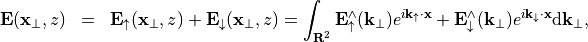 \begin{eqnarray*}
\VField{E}(\pvec{x}_\perp, z) & = &  \VField{E}_{\uparrow}(\pvec{x}_\perp, z) +\VField{E}_{\downarrow}(\pvec{x}_\perp, z)=\int_{\rnum^2} \VField{E}_{\uparrow}^{\wedge}(\pvec{k}_\perp) e^{i\pvec{k}_\uparrow \cdot \pvec{x}} + \VField{E}_{\downarrow}^{\wedge}(\pvec{k}_\perp) e^{i\pvec{k}_\downarrow \cdot \pvec{x}}\dd \pvec{k}_\perp,
\end{eqnarray*}