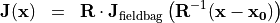 \begin{eqnarray*}
\VField{J} (\pvec{x}) & = &  \void{\TField{R}}  {\VField{J}_{\mathrm{fieldbag}}} \clear{\TField{R}}  \left( \TField{R}^{-1} ( \pvec{x}-\pvec{x_0} ) \right)
\end{eqnarray*}